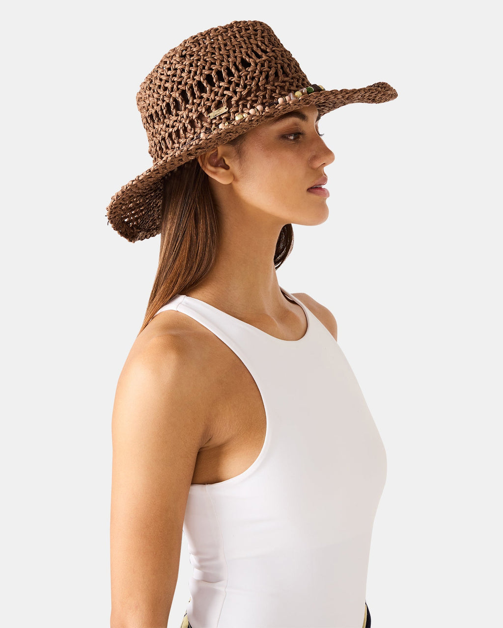 LEI BEADED TRIM WESTERN HAT CHOCOLATE