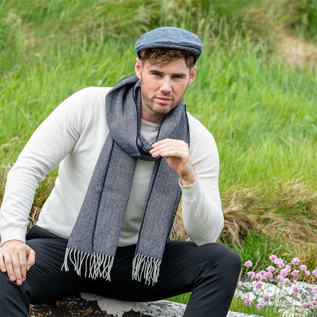 Navy Herringbone Merino Lambswool Scarf - Famous | Online Store