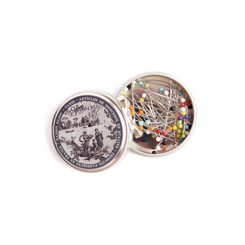 Toile de Jouy Tin with Glass Headed Pins